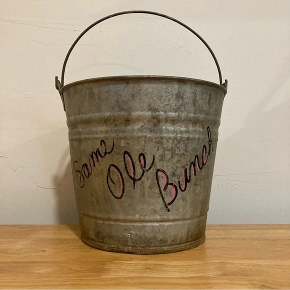 Old Galvanized Bucket with Distressed Finish Writing & Sticker 9” Tall - Picture 4 of 16